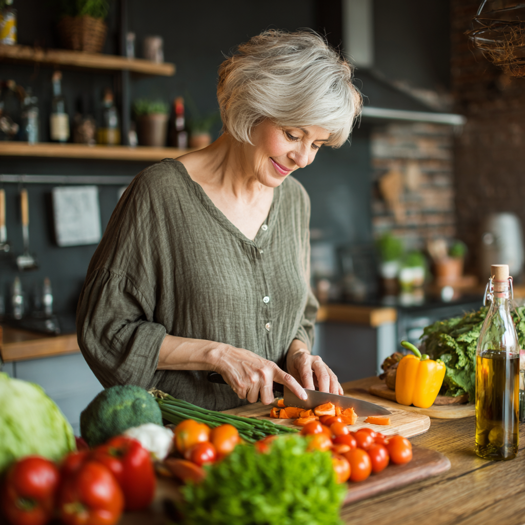 mature woman preparing nutritious meal with fresh vegetables and planning healthy diet