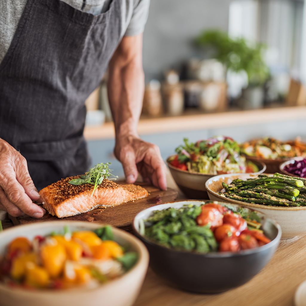 middle-aged person selecting from variety of healthy meal options representing different dietary approaches