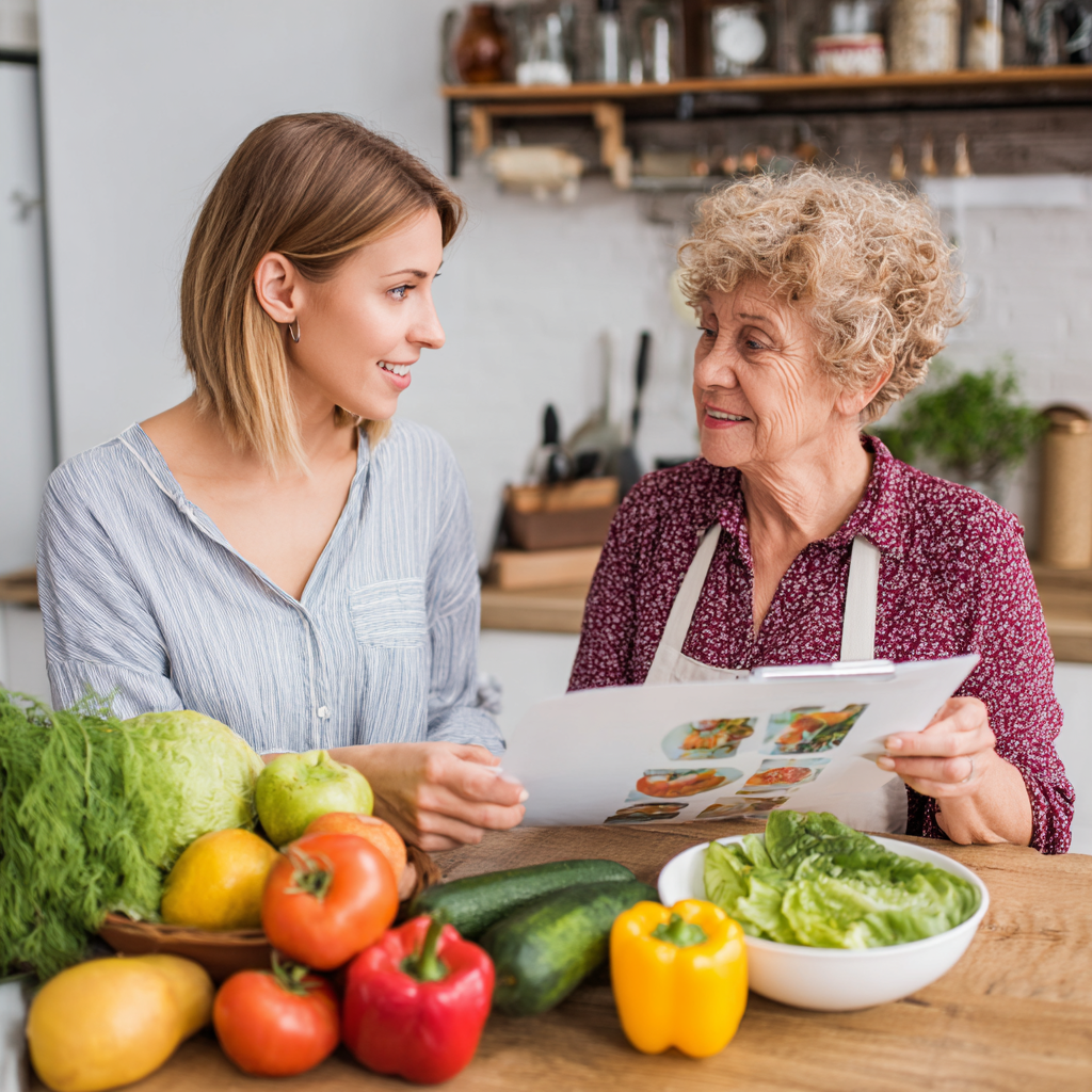nutrition specialist consulting with mature adult about personalized meal planning and healthy lifestyle choices